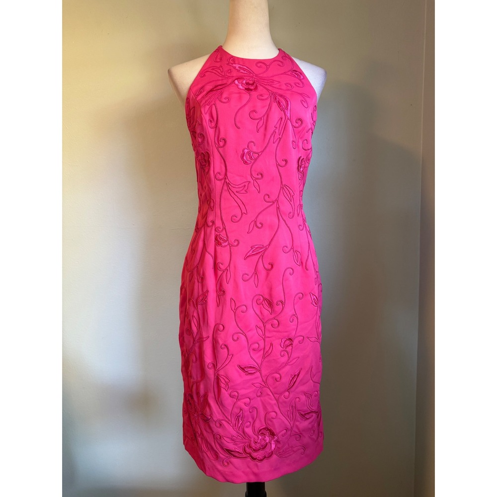 Marie St. Claire Hot Pink Embroidered Halter Cocktail mini Dress VTG whimsi y2 6